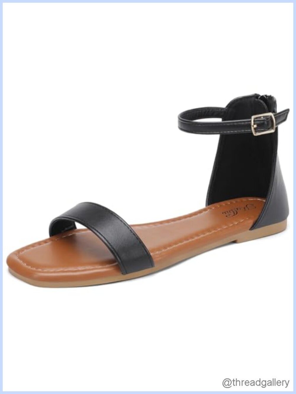 Faux Leather Flat Sandals with Ankle Strap & Back Zipper - Square Open Toe